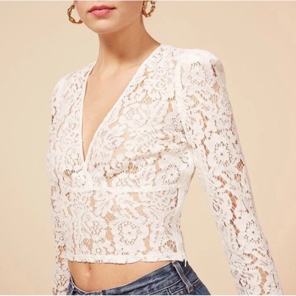 Reformation Halo Lace Top Ivory Cream Sheer V-Neck Long Sleeve Coquette - 6